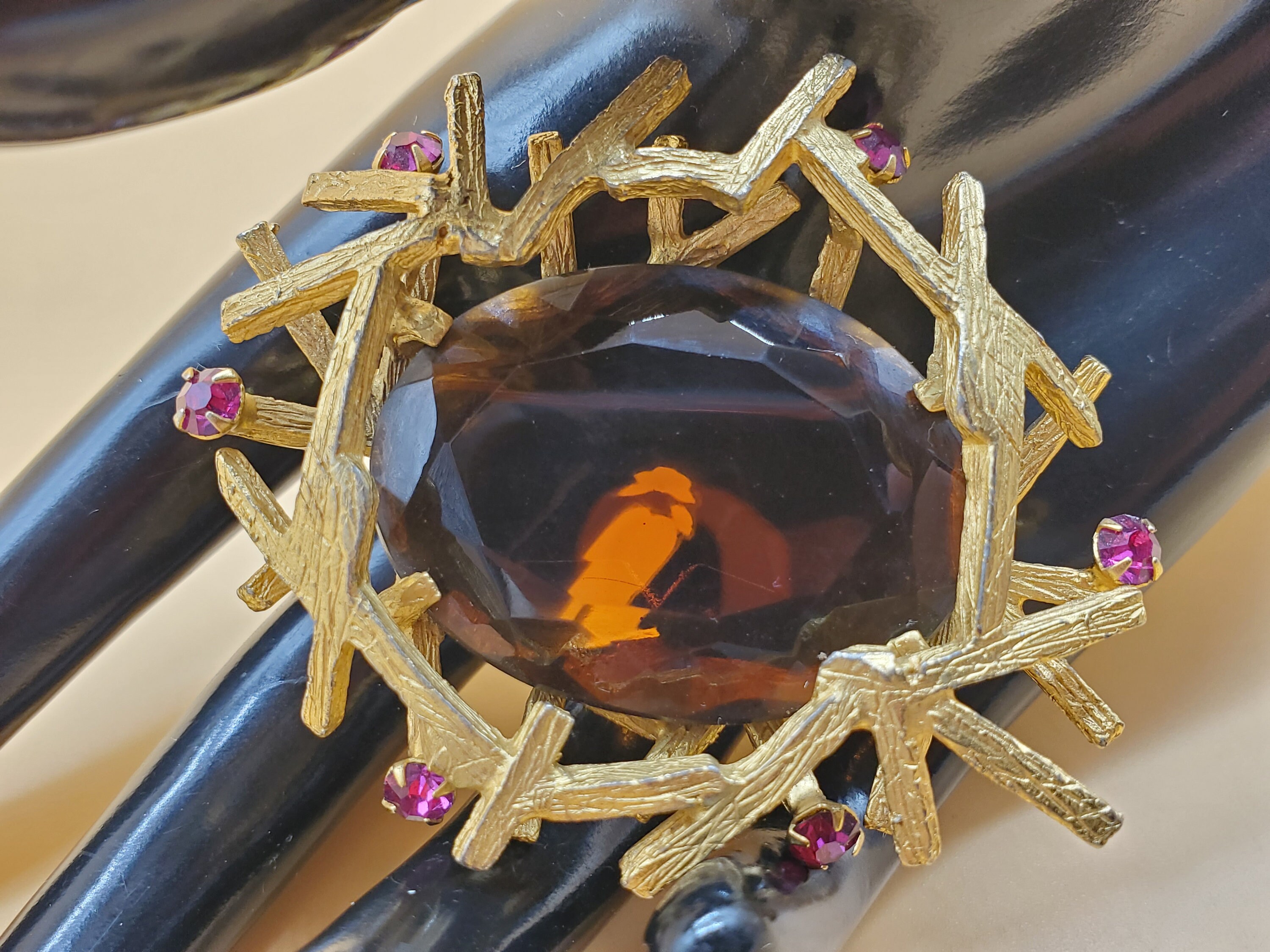 Vintage Elsa Schiaparelli Gold Tone Chunky Brown Glass