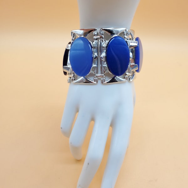 Vintage signed PAM silver tone blue lucite panel link bracelet