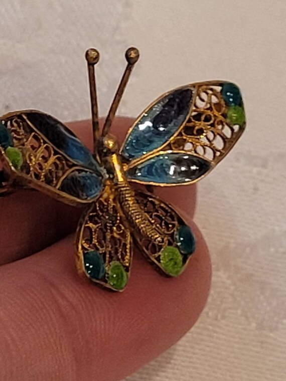 Vintage 800 silver enamel Filigree butterfly broo… - image 8