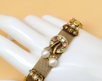 Vintage Goldette style gold tone metal mesh bracelet with faux Pearls and rhinestones