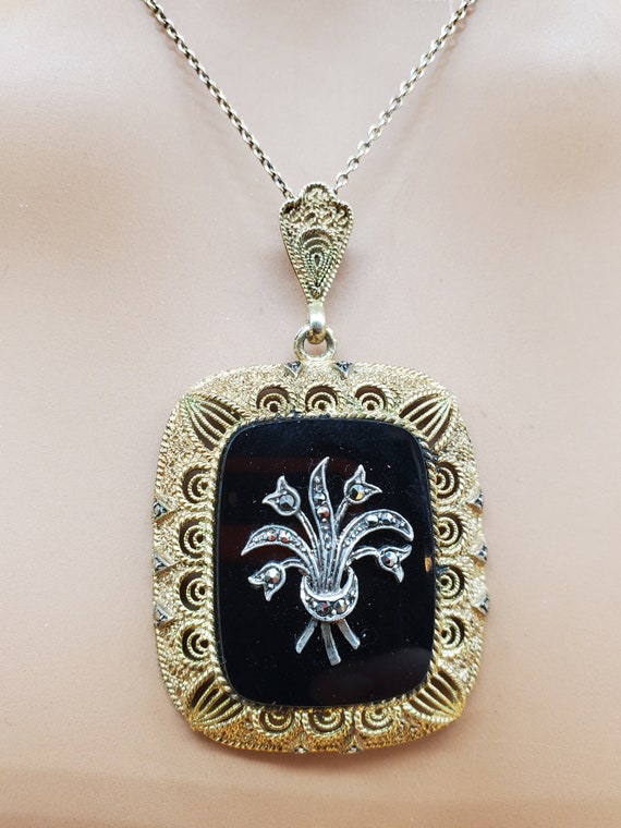 vintage 835 sterling vermeil Onyx and Marcasite f… - image 1