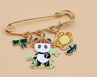 vintage gold tone enamel Asian panda charms safety pin brooch