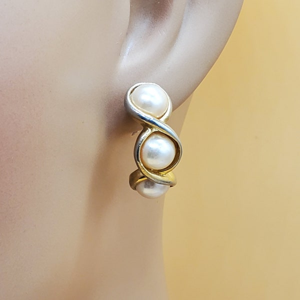 Vintage Orena Paris faux pearl half hoop pierced earrings