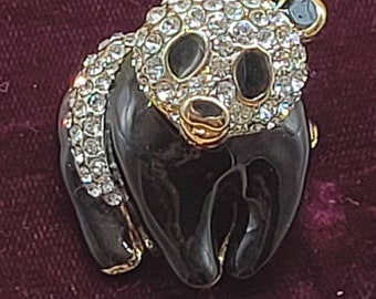 Swarovski Signed Panda Bear Pin Brooch set with Black Diamond