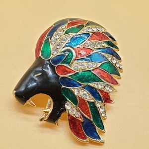 vintage colorful enamel rhinestone roaring lion head brooch
