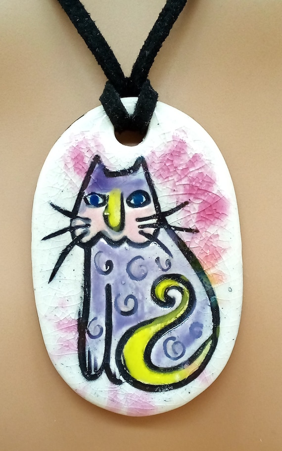 Colorful ceramic cat pendant necklace
