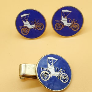 Vintage blue enamel  antique car cufflinks with matching tie clip