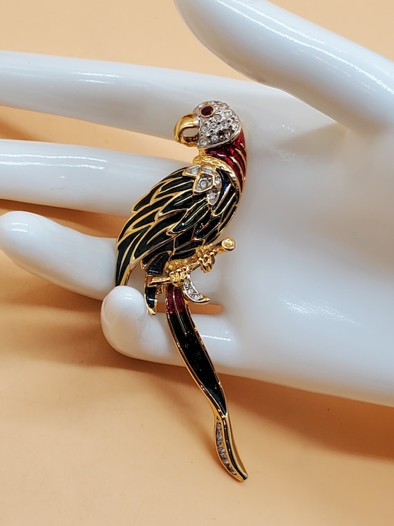 Vintage large enamel rhinestone parrot brooch