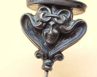 vintage Art Nouveau style sterling woman's face double sided hat pin with etched E top
