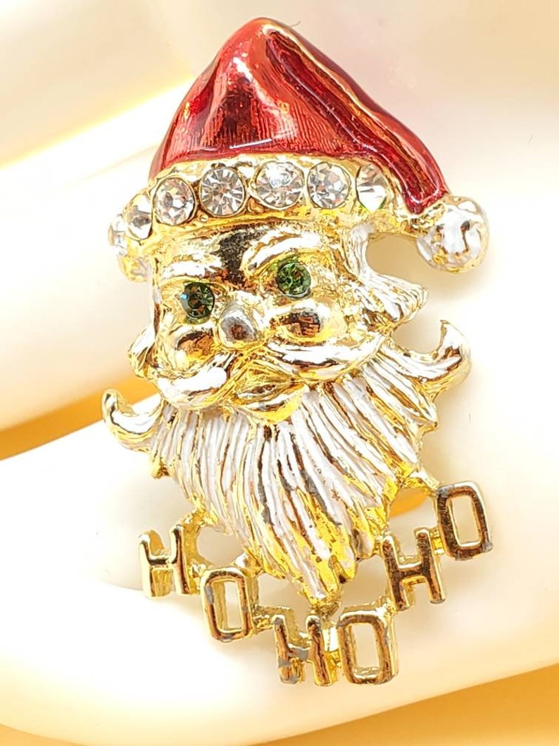 Vintage Avante signed gold tone enamel rhinestone santa Johnson pin brooch image 7