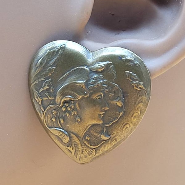 Vintage Bronze tone Art Nouveau lady face heart clip on earrings