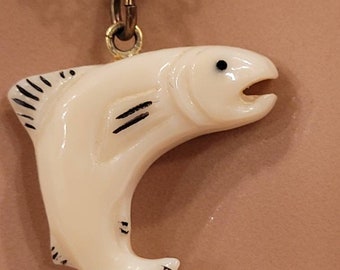 Vintage hand carved salmon fish pendant on gold-plated chain