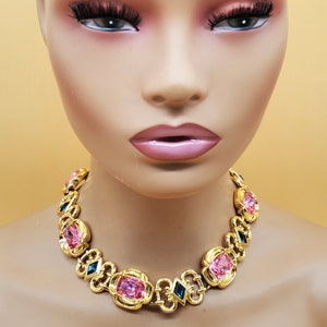vintage CRYSTALINE gold tone chunky statement choker necklace with large sparkly pink and blue rhinestones