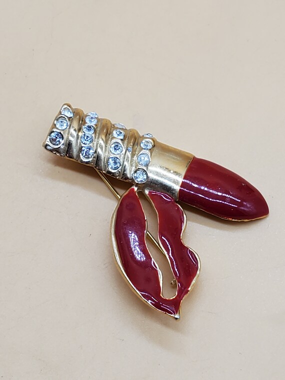 Vintage enamel rhinestone lipstick and lips brooch - image 6