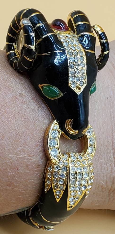 Vintage Ciner Jeweled Enamel ram's head bangle bracelet