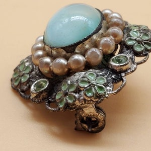 Vintage Czechoslovakia enamel green moonstone pin brooch image 7