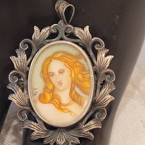 Antique 800 silver hand painted portrait brooch pendant, artist signed