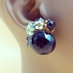 Vintage signed EUGENE black cut glass floral earrings