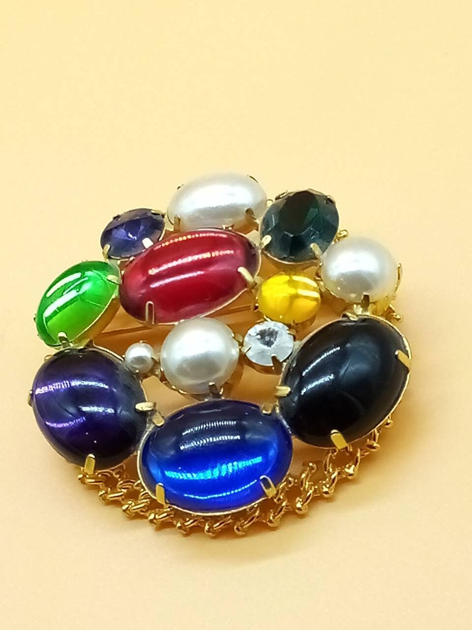 Vintage large chunky colorful prong set rhinestone faux pearl statement brooch