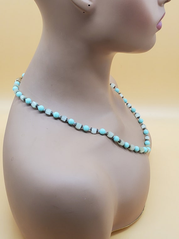 vintage pale green beaded necklace with fancy pin… - image 3