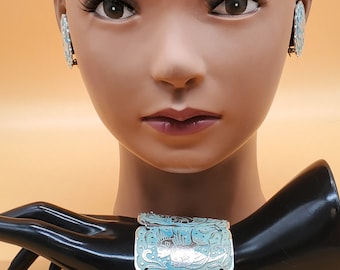 vintage Aluminum angel fish panel link bracelet with matching clip on earrings set