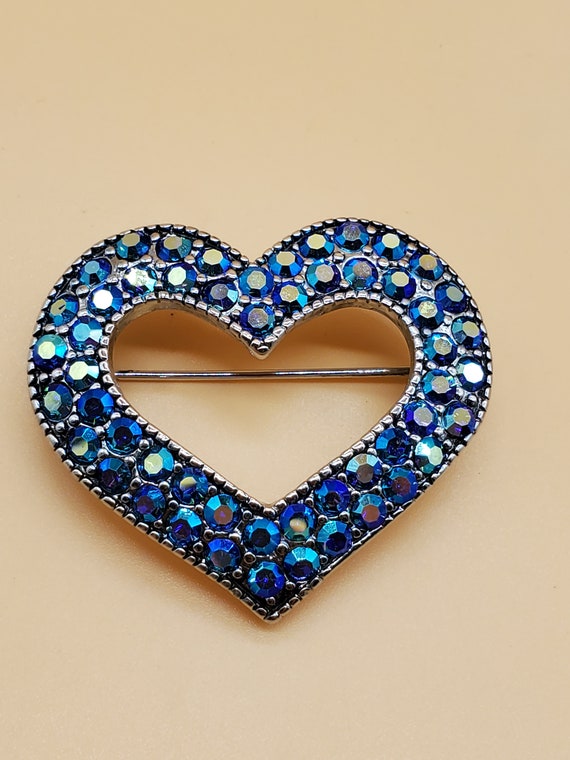 vintage blue AB rhinestone heart brooch
