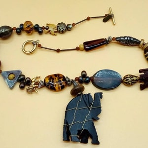 Vintage Treska Safari elephant themed chunky eclectic beaded necklace
