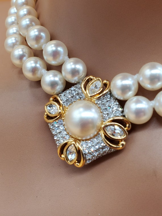 Vintage Swarovski double faux pearl necklace with Swarovski crystal center pendant