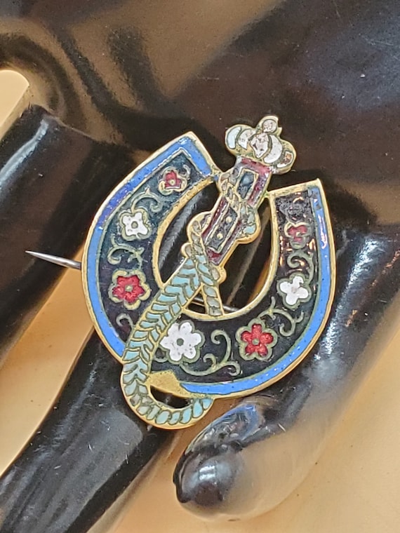 Antique enamel equestrian style brooch pin