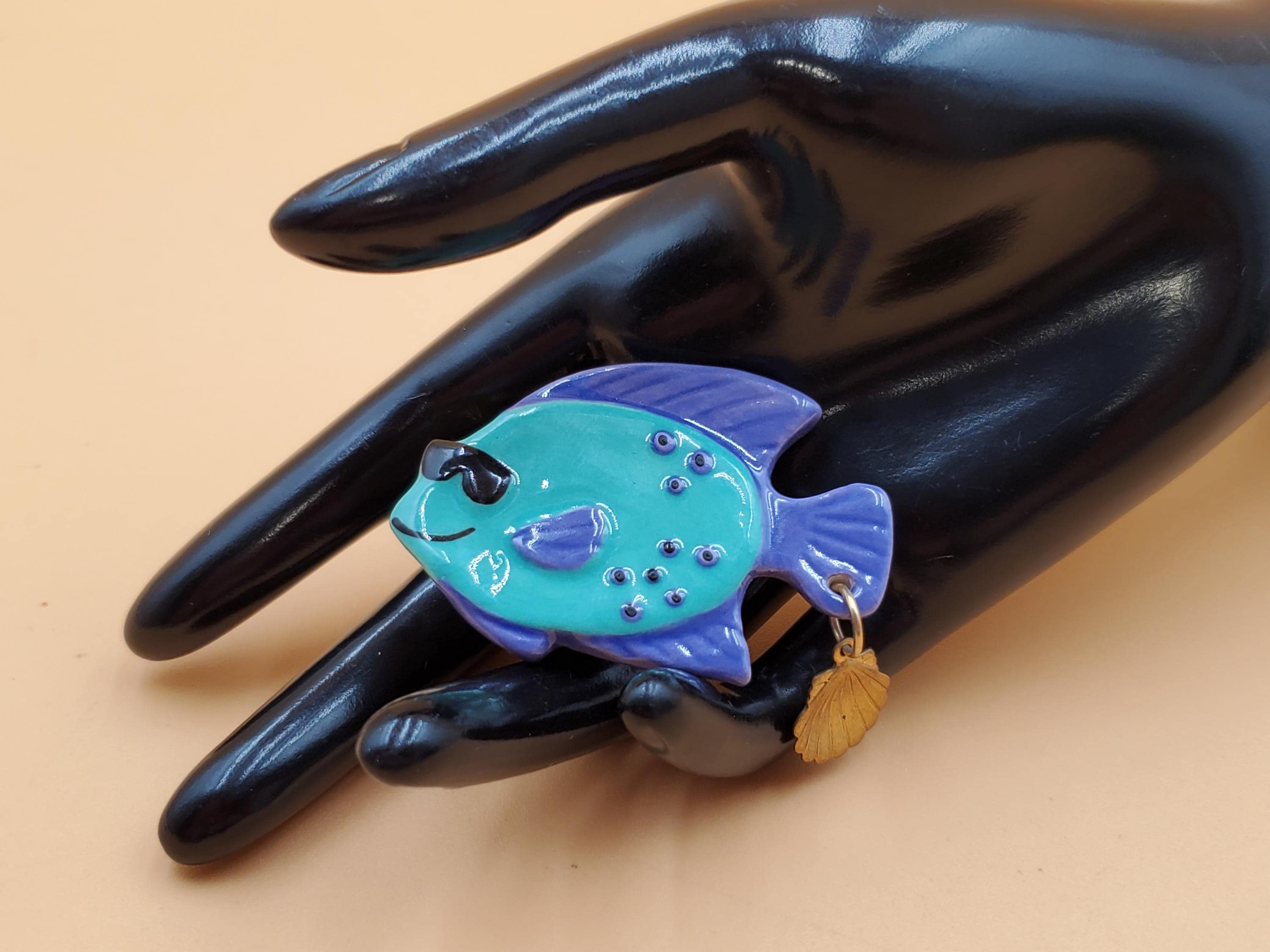 Vintage Colorful Ceramic Tropical Fish Brooch With Metal Shell