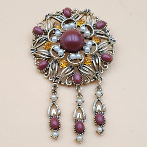 vintage faux Jasper and pearl brooch with dangling tassels