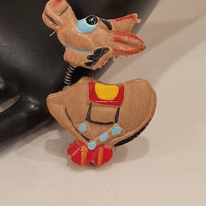 Vintage wooden spring head donkey pin brooch