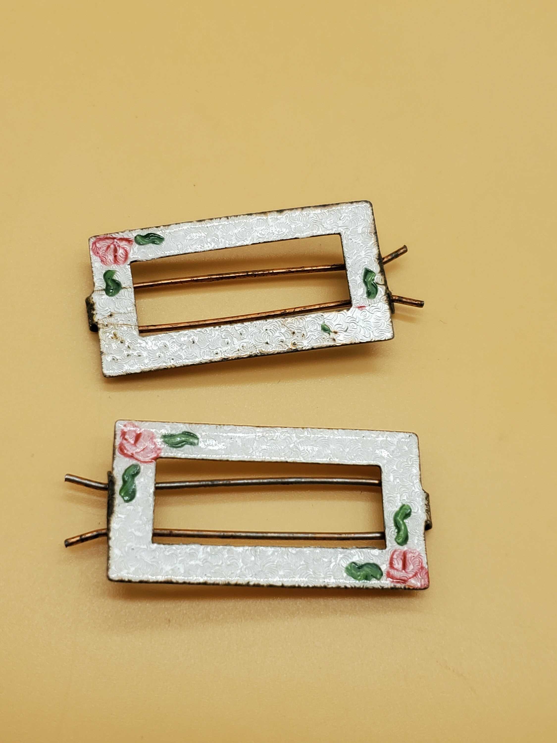 Vintage Guilloche Rose Barrettes 1928 Jewelry Porcelain Rose Filigree Hair Barrette| Rose Jewelry main image 2