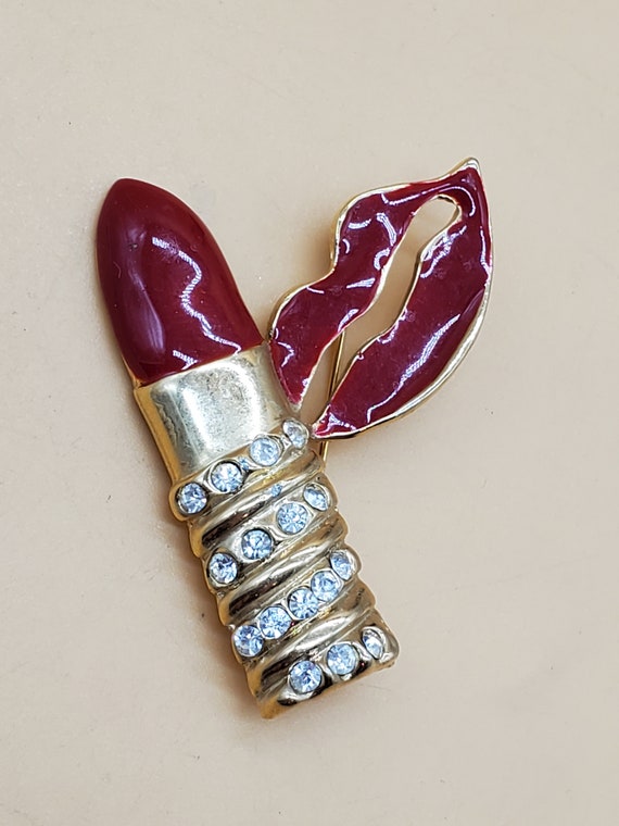 Vintage enamel rhinestone lipstick and lips brooch - image 5