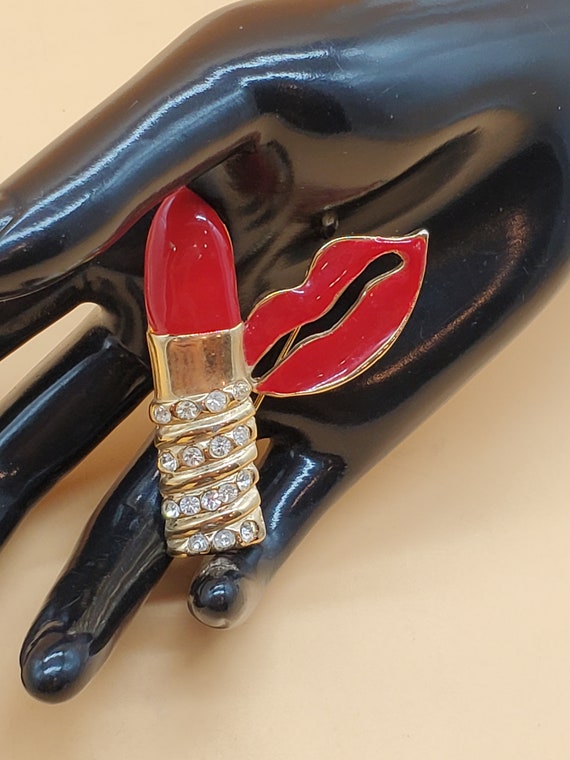Vintage enamel rhinestone lipstick and lips brooch - image 1