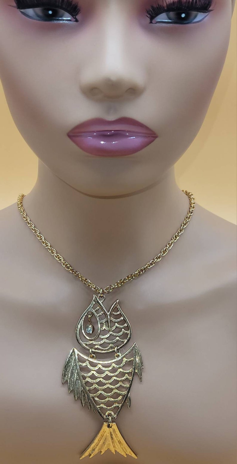 Vintage XL Articulated Fish Pendant Necklace With Large Clear ...