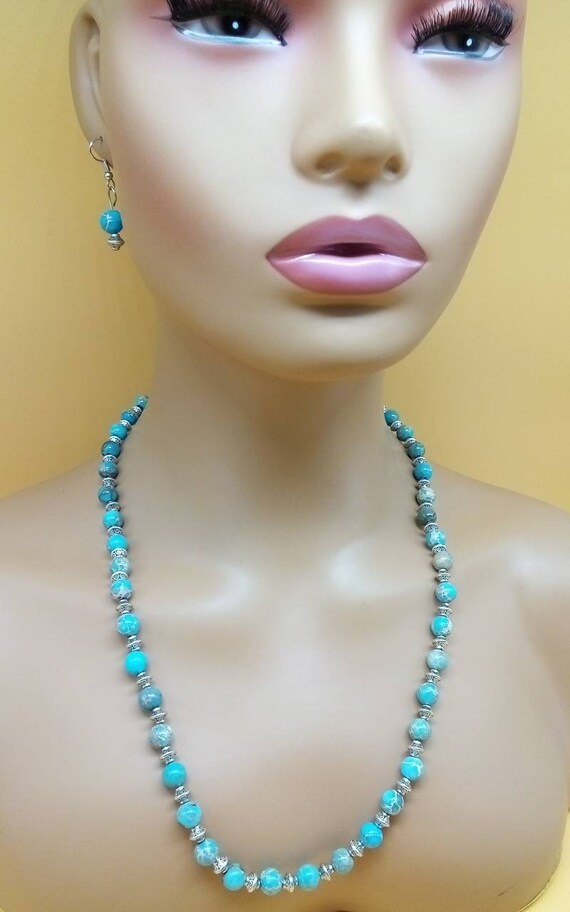 Faux turquoise beaded necklace with matching earri