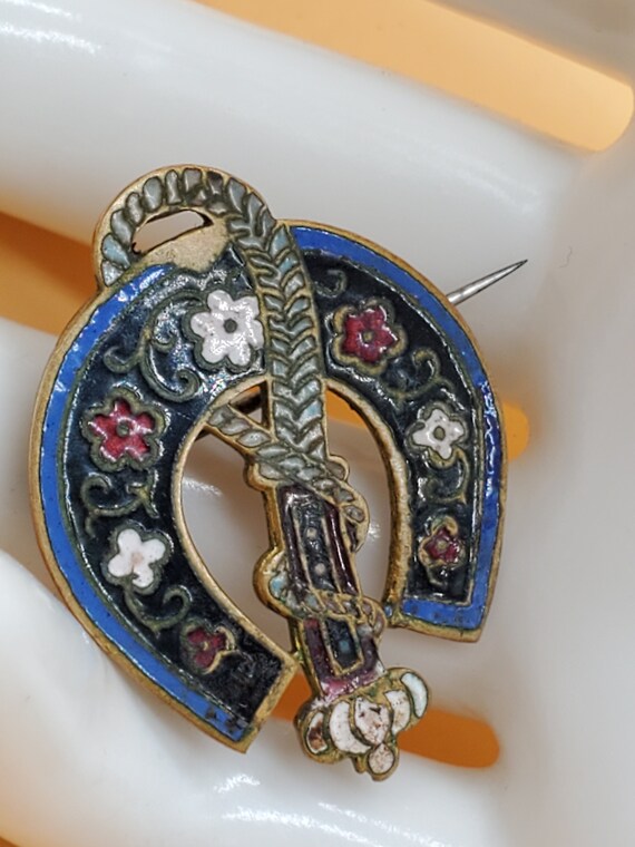 Antique enamel equestrian style brooch pin - image 2