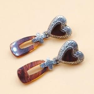 Vintage Brighton silver tone hearts earrings with dangling brown faux shell open panels image 11