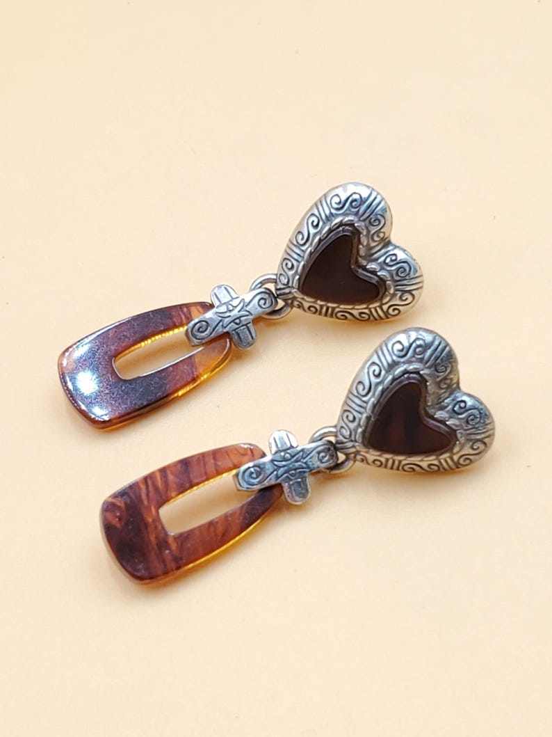 Vintage Brighton silver tone hearts earrings with dangling brown faux shell open panels image 11