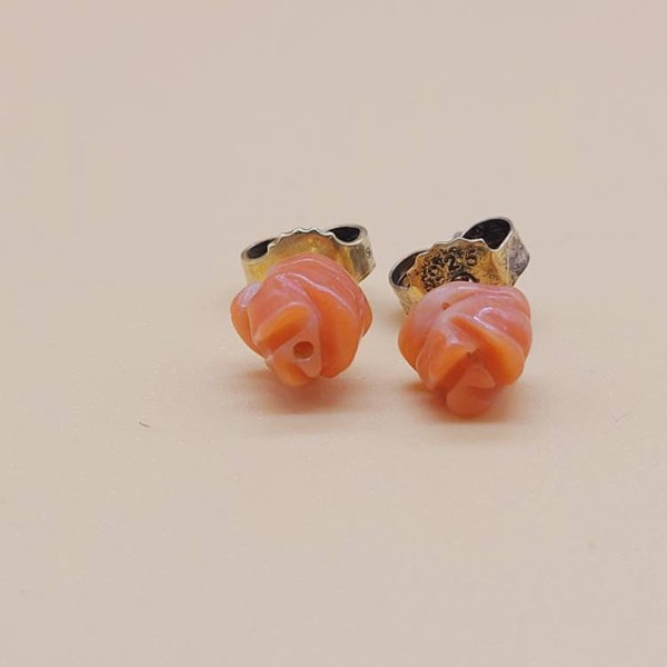 Vintage carved coral rose earrings with sterling Vermeil posts