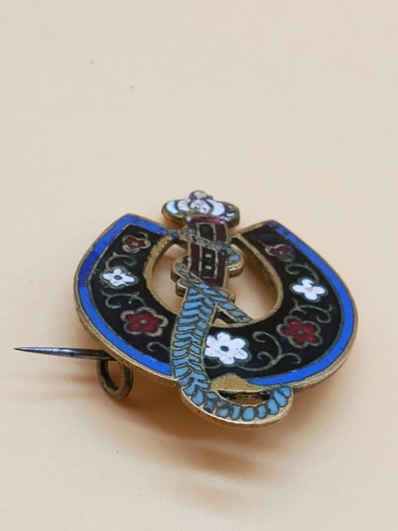 Antique enamel equestrian style brooch pin - image 7