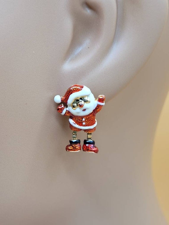 Vintage dangling small enamel Santa Claus earrings - image 2