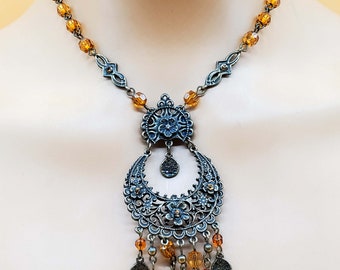 Vintage Art Nouveau style bronze rone orange bead dangling moon medallion necklace