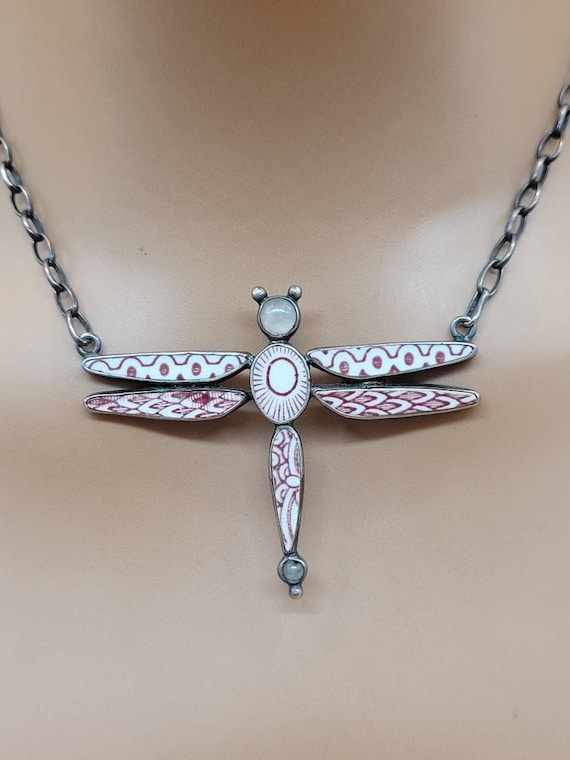 Sterling poly clay rose quartz dragonfly necklace