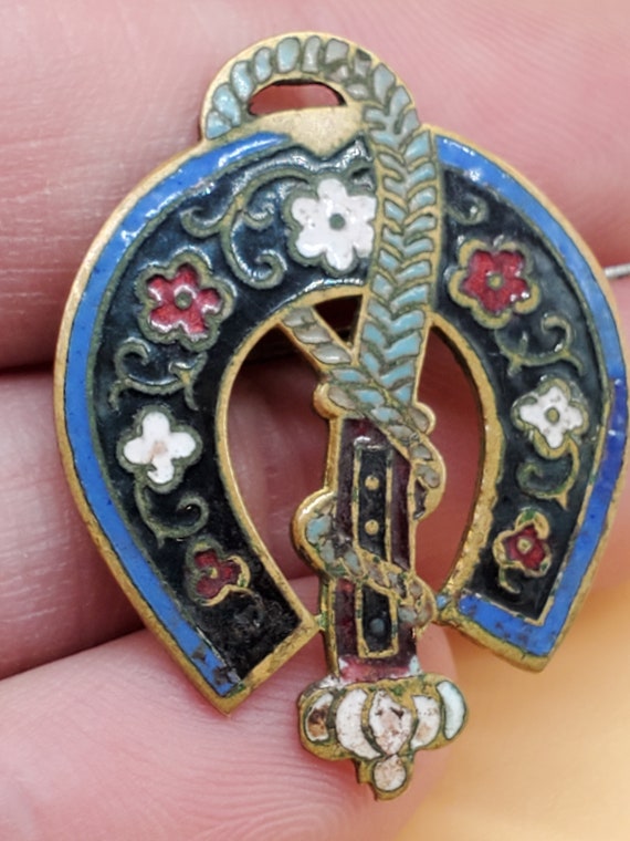 Antique enamel equestrian style brooch pin - image 6