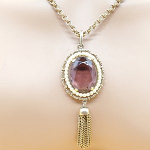 Vintage Avon Renaissance style gold tone faux Amethyst faux pearl tassel pendant necklace