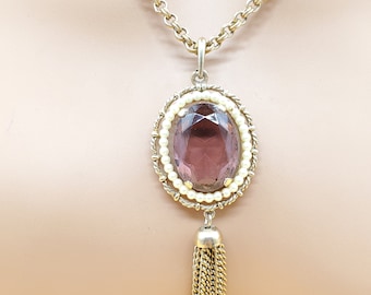 Vintage Avon Renaissance style gold tone faux Amethyst faux pearl tassel pendant necklace