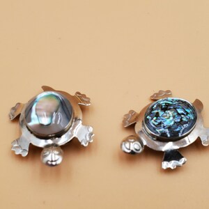 May include: Two silver-toned turtle brooches. Each brooch features a turtle design with a shell made of iridescent abalone. The brooches are displayed on a light brown surface.