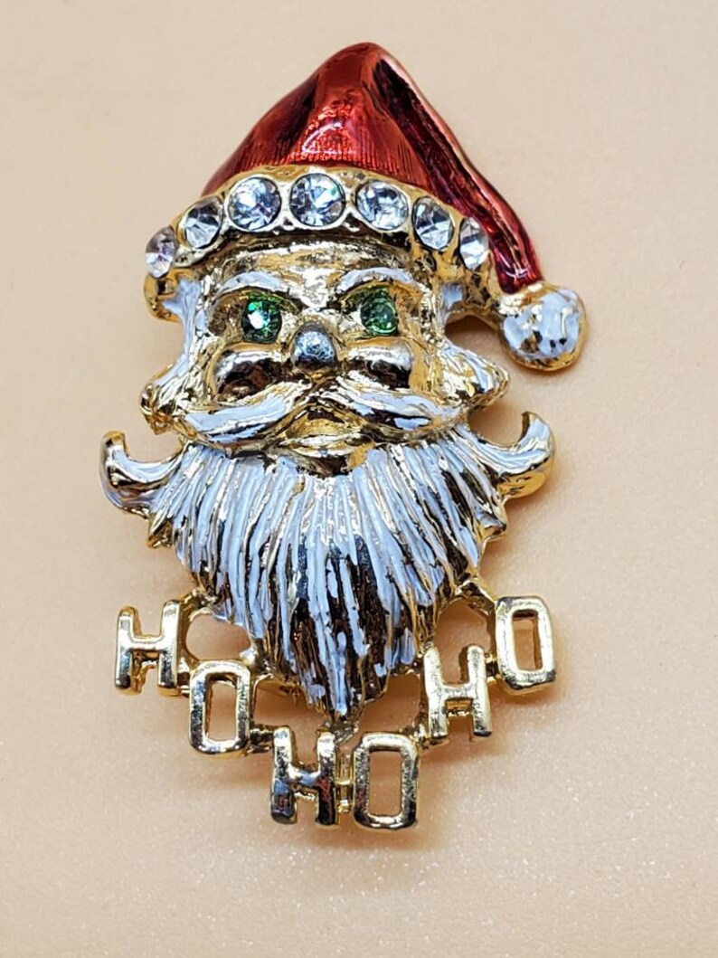 Vintage Avante signed gold tone enamel rhinestone santa Johnson pin brooch image 2